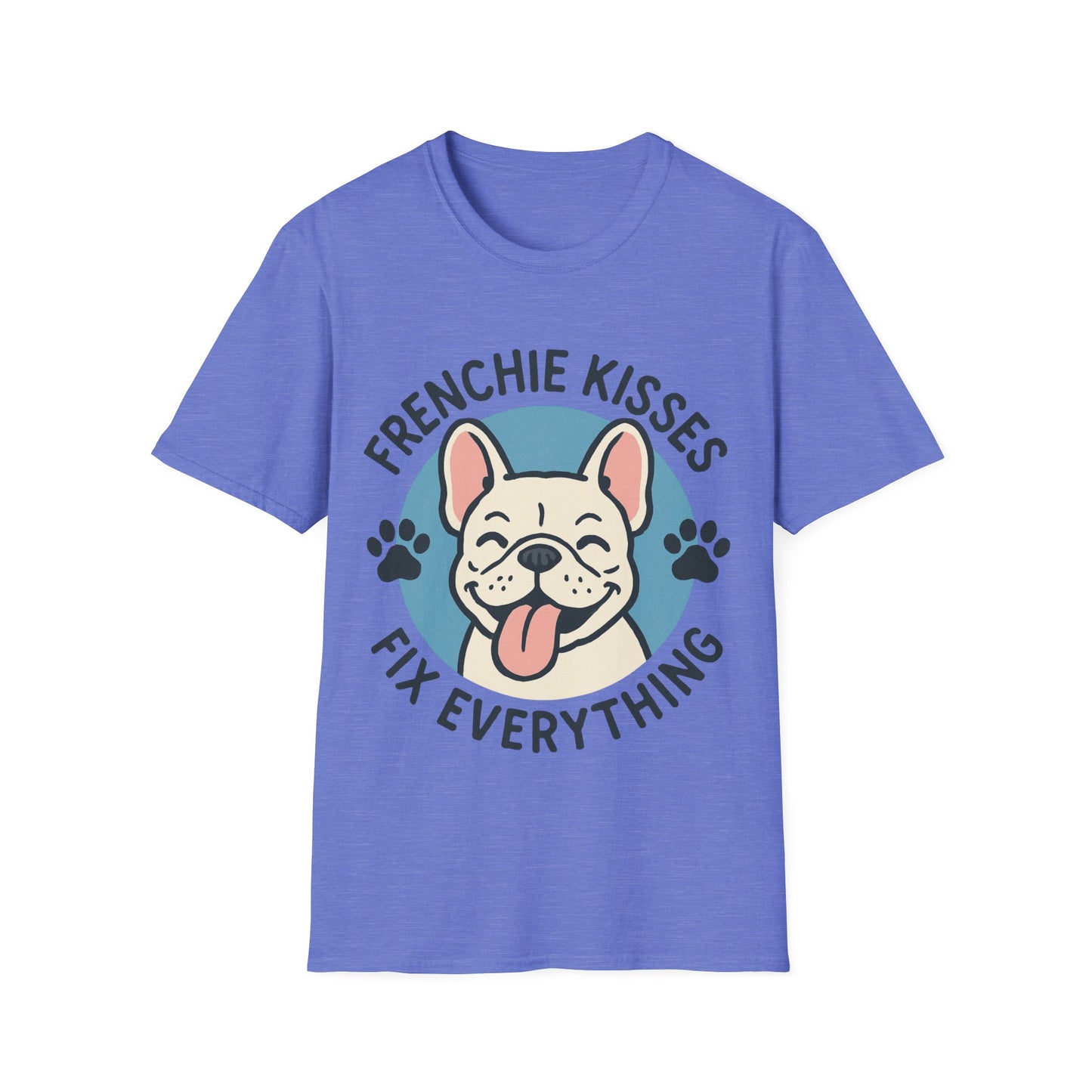 Frenchie Kisses T-Shirt on blue background showing cute Frenchie blowing kisses