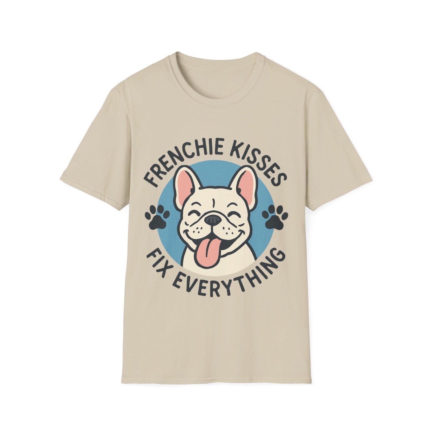 Frenchie Kisses T-Shirt on beige background showing cute Frenchie blowing kisses