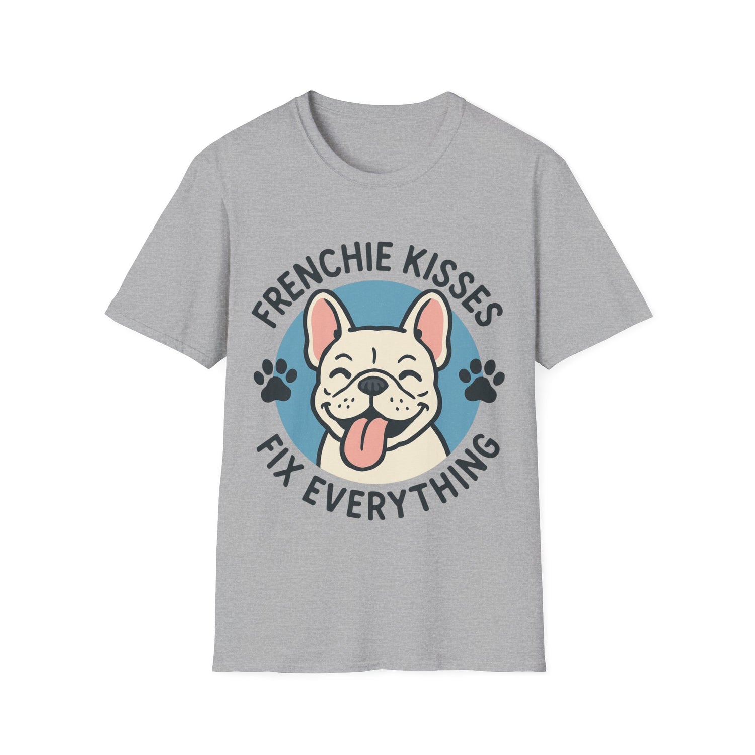 Frenchie Kisses T-Shirt on grey background showing cute Frenchie blowing kisses
