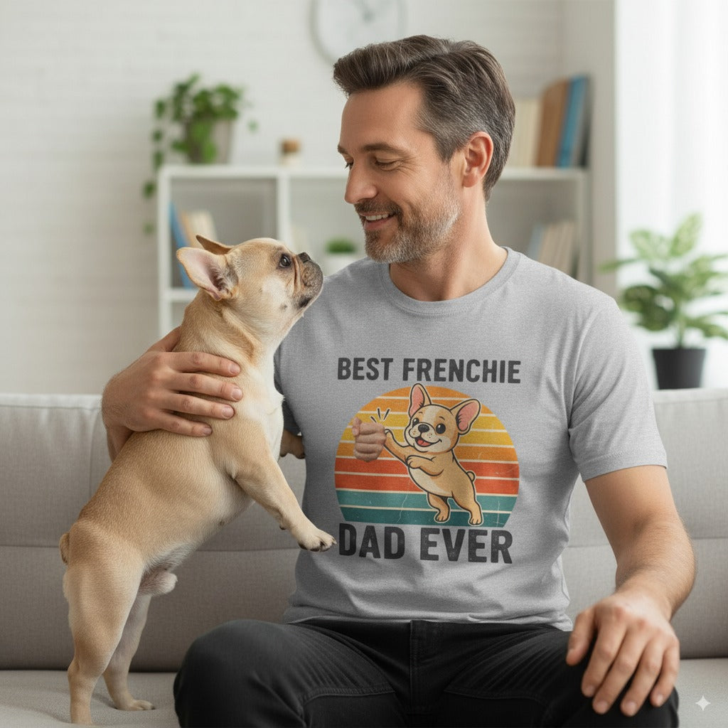 Lifestyle image of man with French Bulldog wearing the Best Frenchie Dad Ever T-shirt