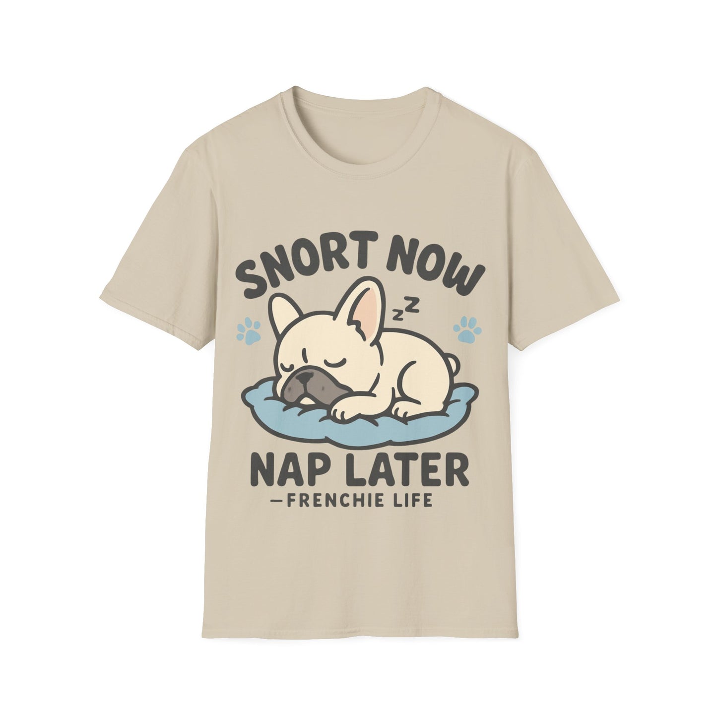 French Bulldog Sleeping T-Shirt on beige background featuring sleeping Frenchie design