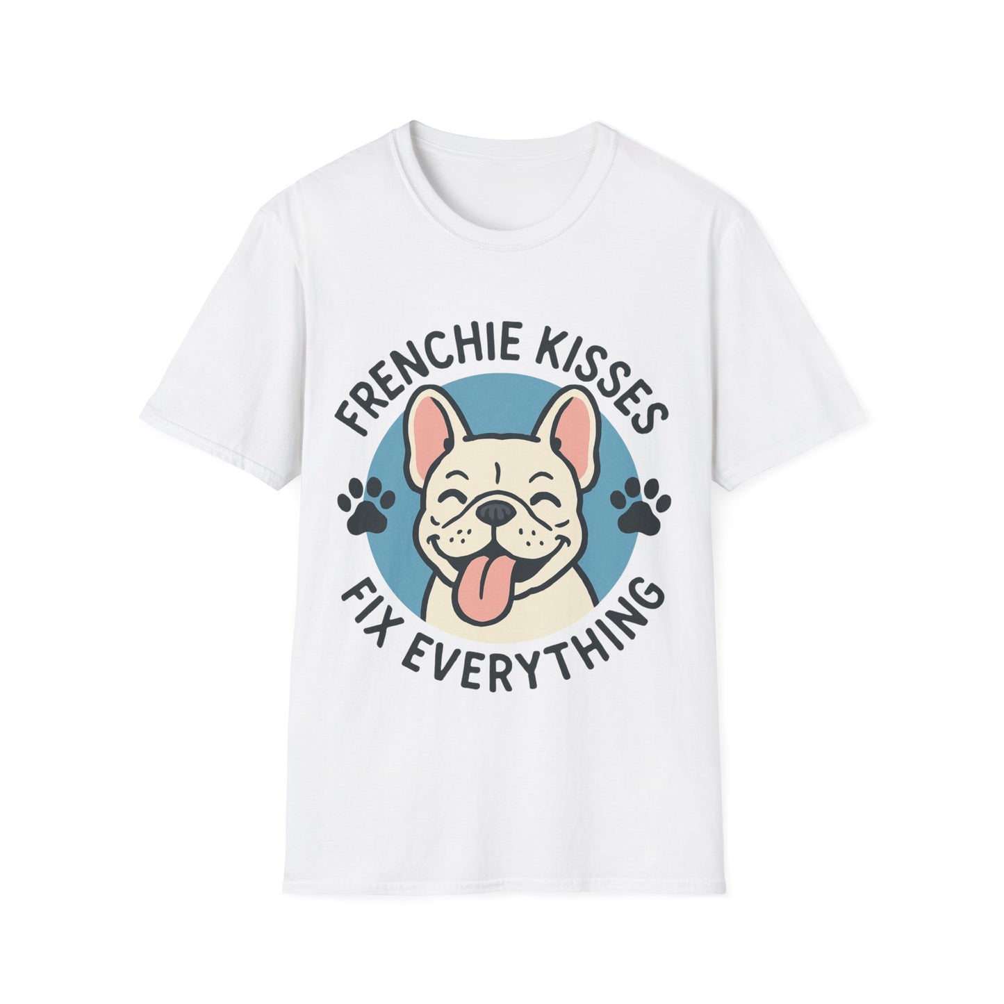 Frenchie Kisses T-Shirt on white background showing cute Frenchie blowing kisses