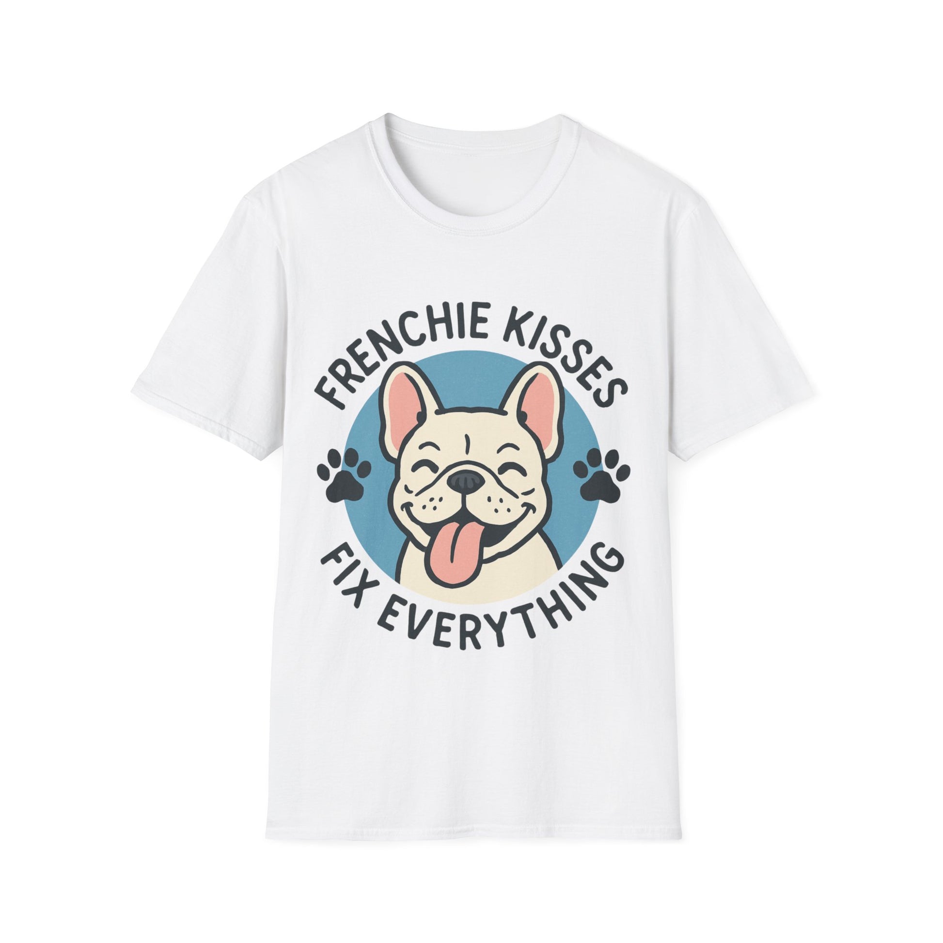 Frenchie Kisses T-Shirt on white background showing cute Frenchie blowing kisses