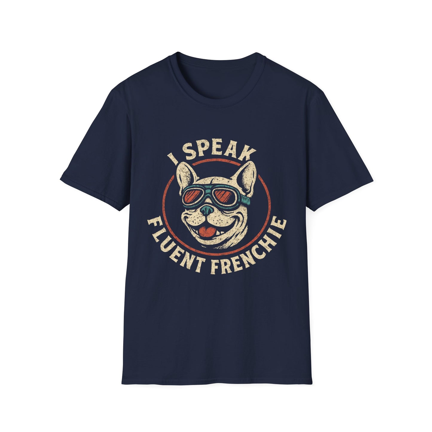 Close-up of I Speak Fluent Frenchie graphic with playful text and Frenchie face
