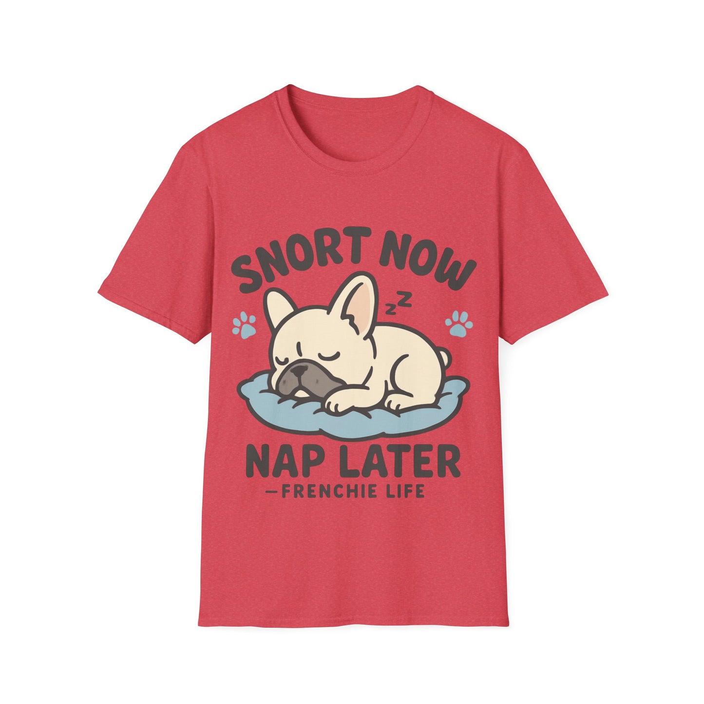 French Bulldog Sleeping T-Shirt on red background featuring sleeping Frenchie design