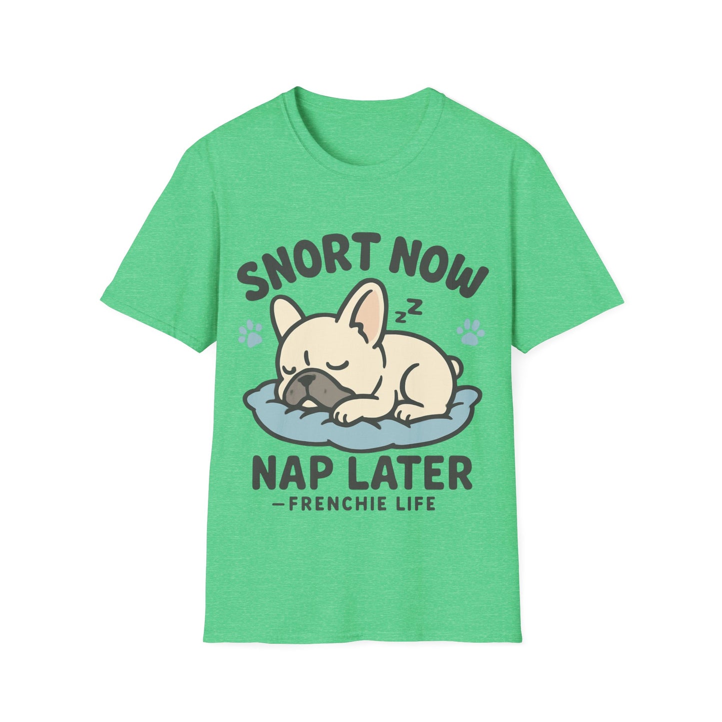 French Bulldog Sleeping T-Shirt on green background featuring sleeping Frenchie design