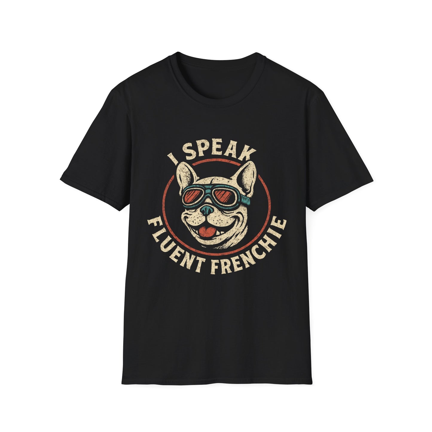 I Speak Fluent Frenchie T-Shirt showing colorful Frenchie graphic on dark tee