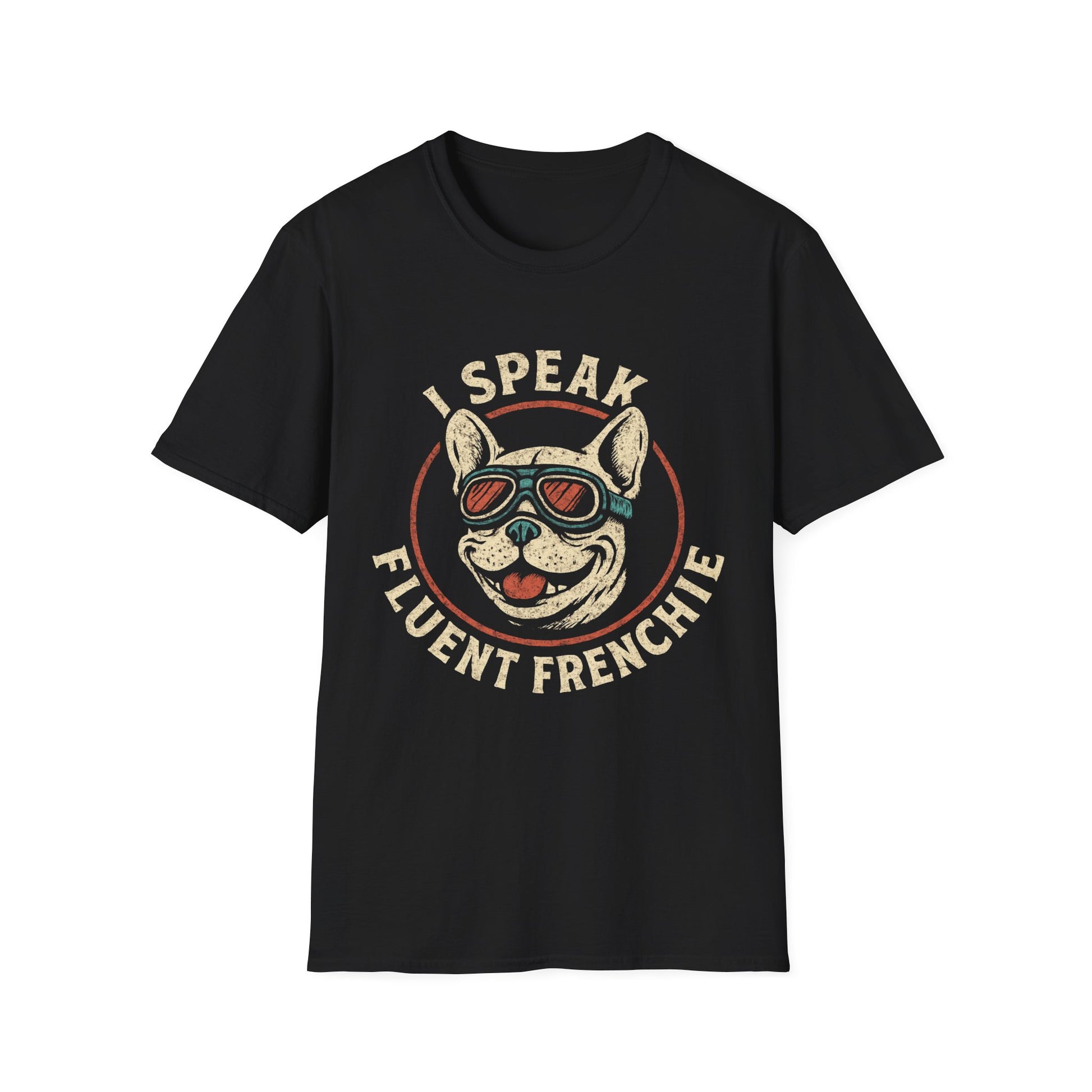 I Speak Fluent Frenchie T-Shirt showing colorful Frenchie graphic on dark tee