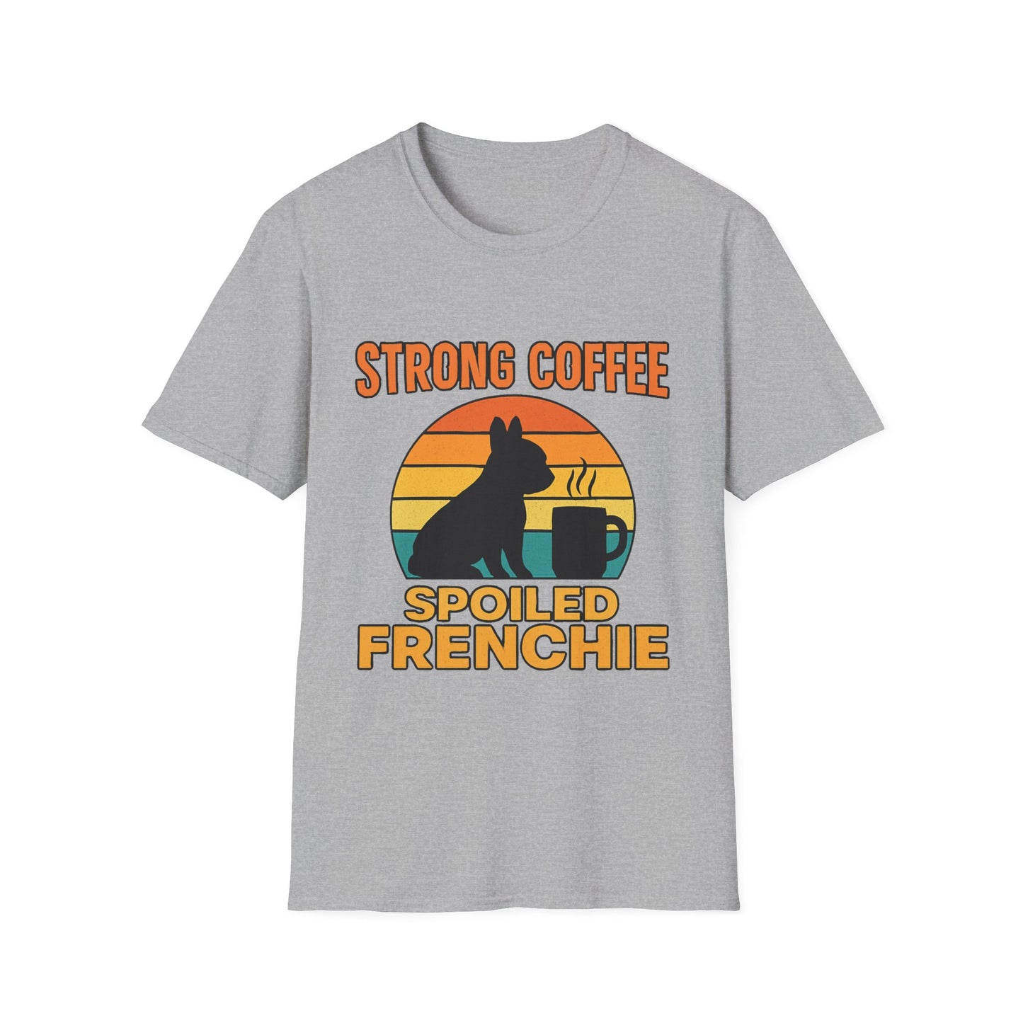 Strong Coffee Spoiled Frenchie T-Shirt on grey background showing retro coffee and Frenchie graphic