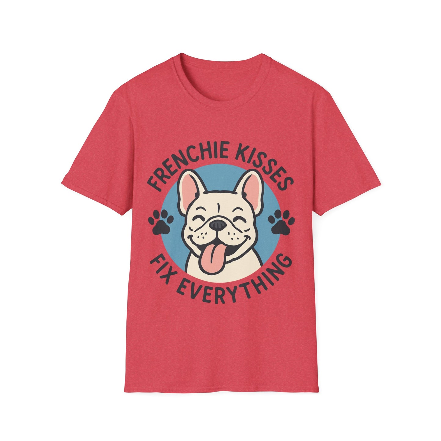 Frenchie Kisses T-Shirt on red background showing cute Frenchie blowing kisses