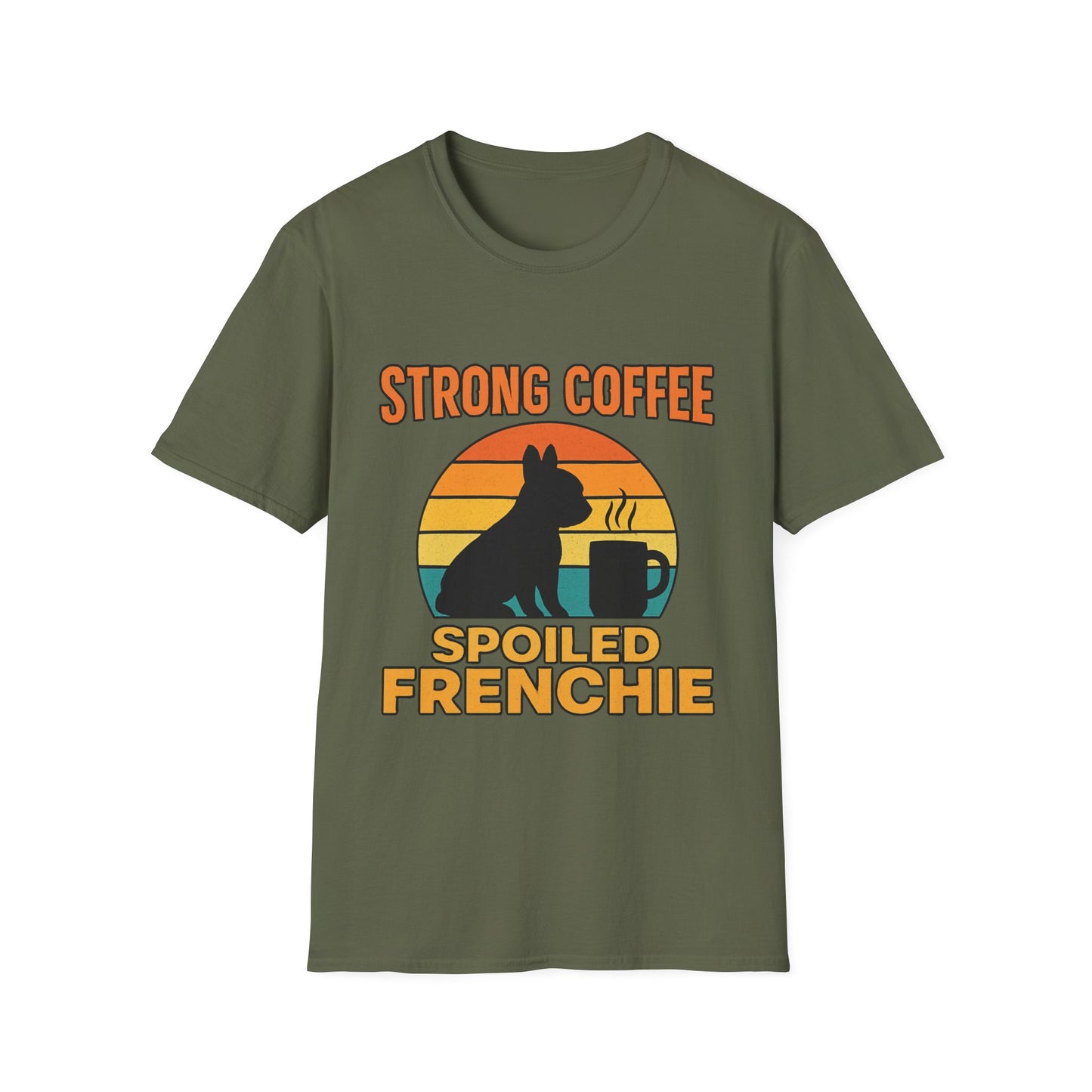 Strong Coffee Spoiled Frenchie T-Shirt on green background showing retro coffee and Frenchie graphic