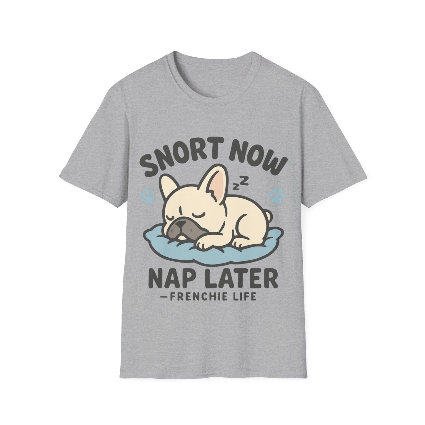 French Bulldog Sleeping T-Shirt on grey background featuring sleeping Frenchie design