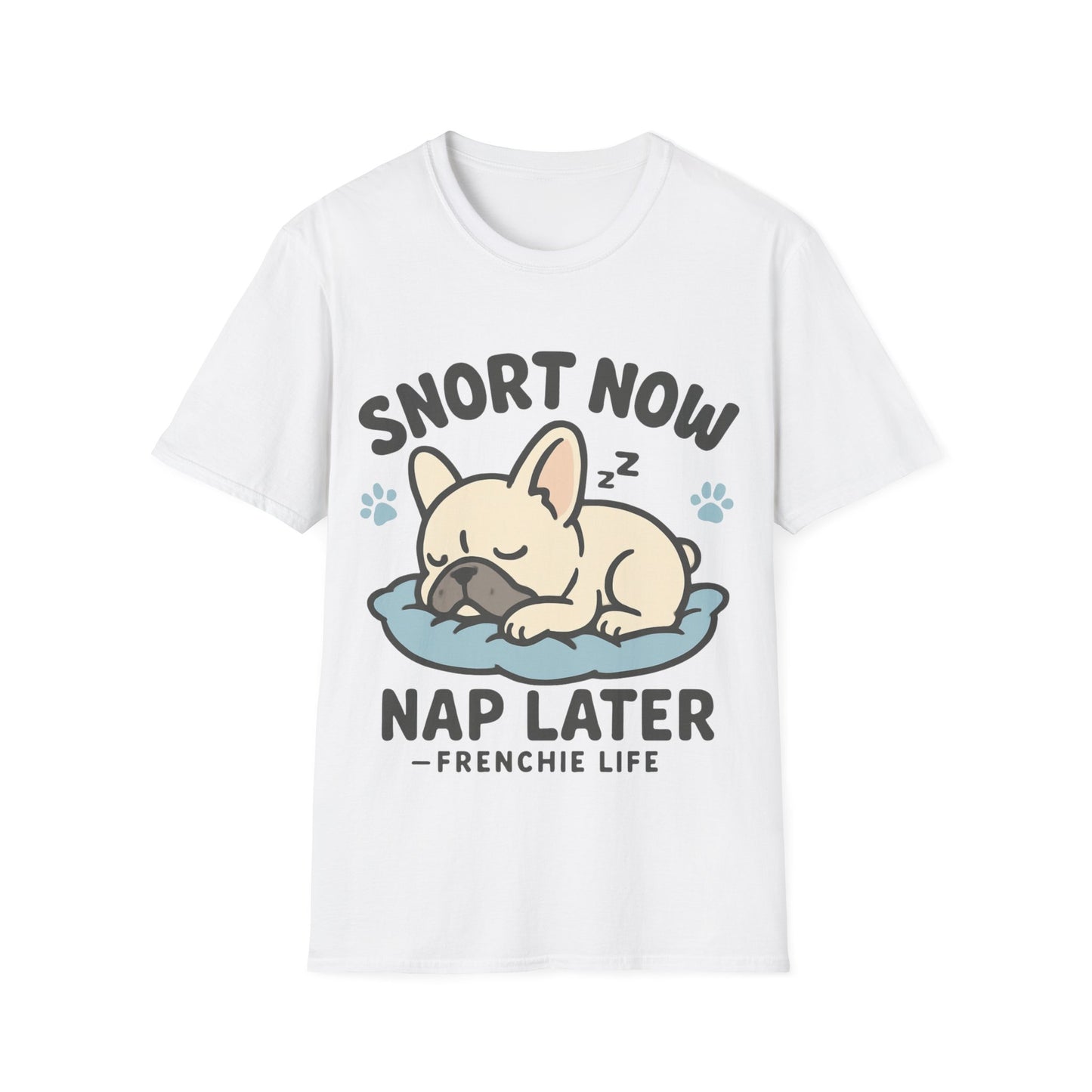 French Bulldog Sleeping T-Shirt on white background showing cute sleeping Frenchie design
