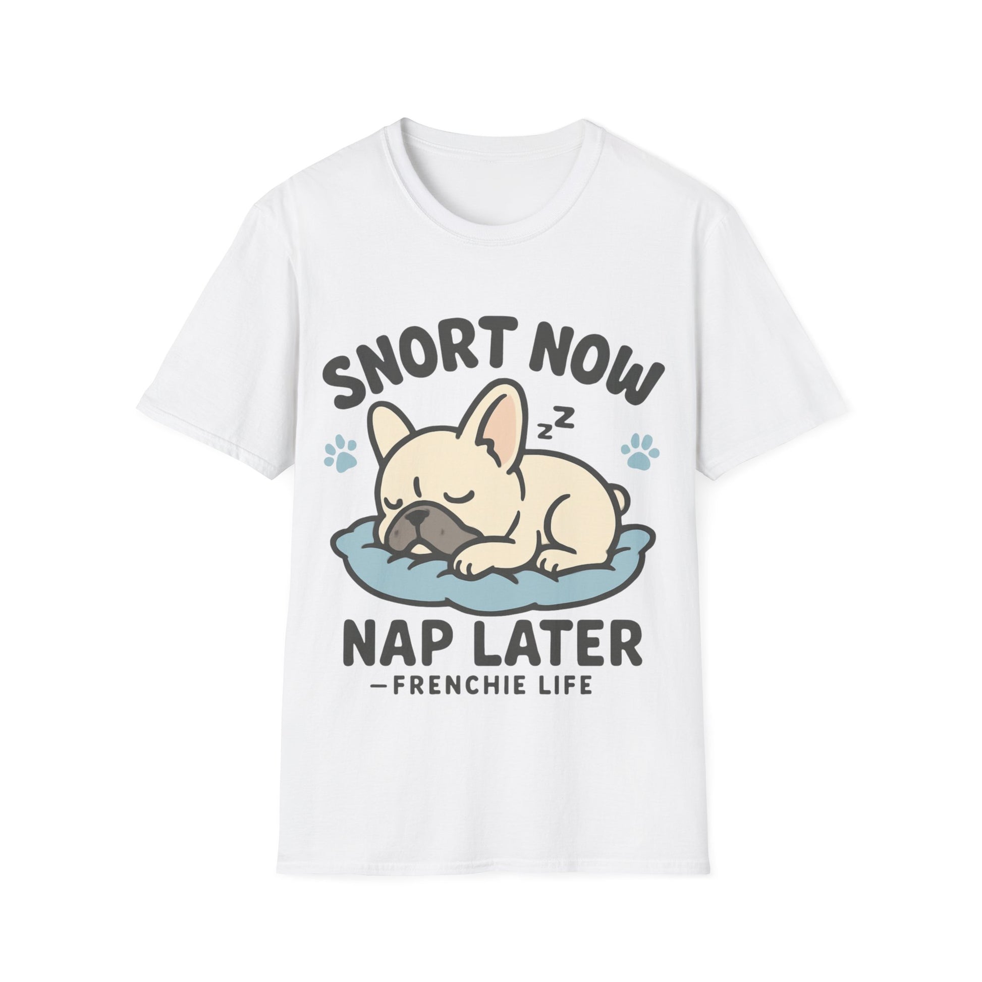 French Bulldog Sleeping T-Shirt on white background showing cute sleeping Frenchie design