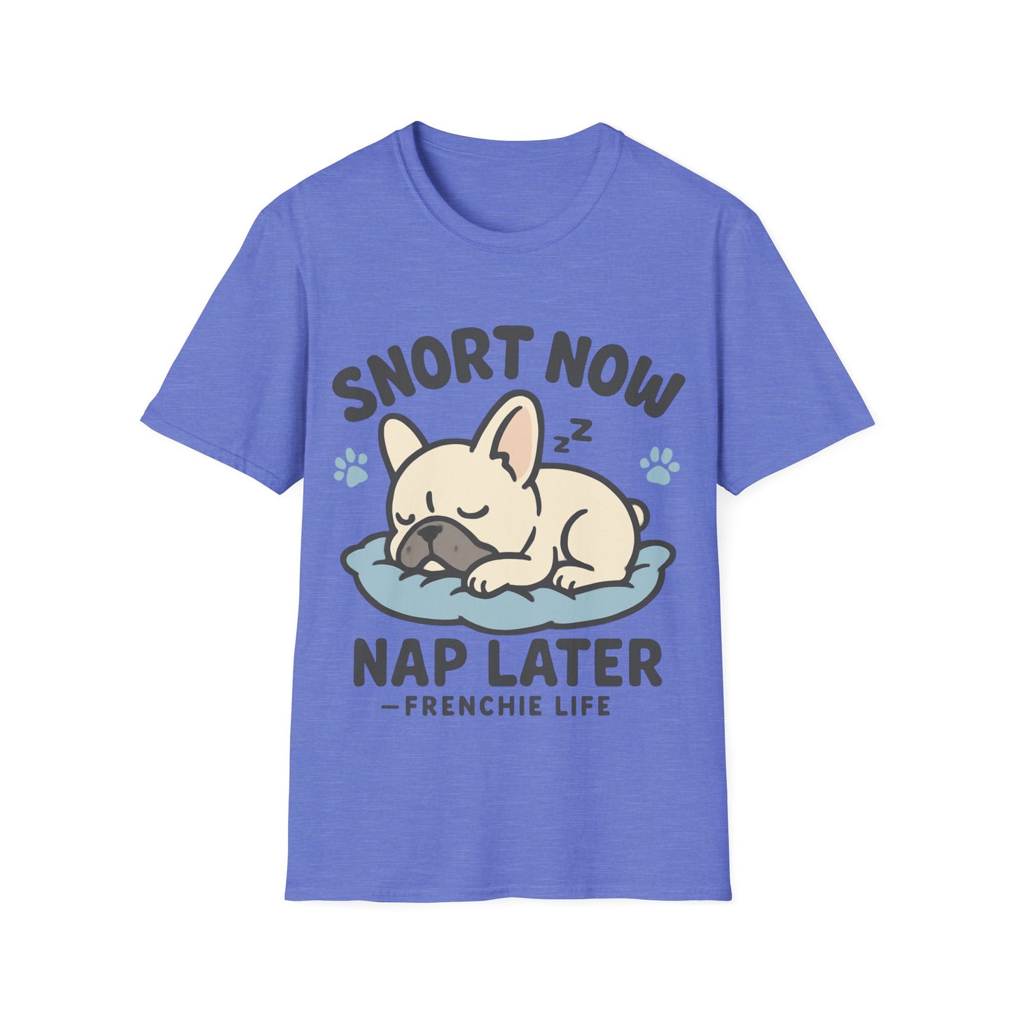 French Bulldog Sleeping T-Shirt on blue background featuring sleeping Frenchie design